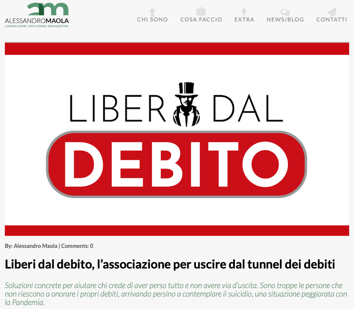 liberi dal debito - Alessandro Maola - Comunicato Stampa - associazione per aiutare le famiglie con troppi debiti